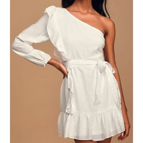 LULU'S sz M Weekend Wonder White One-Shoulder Ruffled Mini Dress NEW B73 - Picture 1 of 8